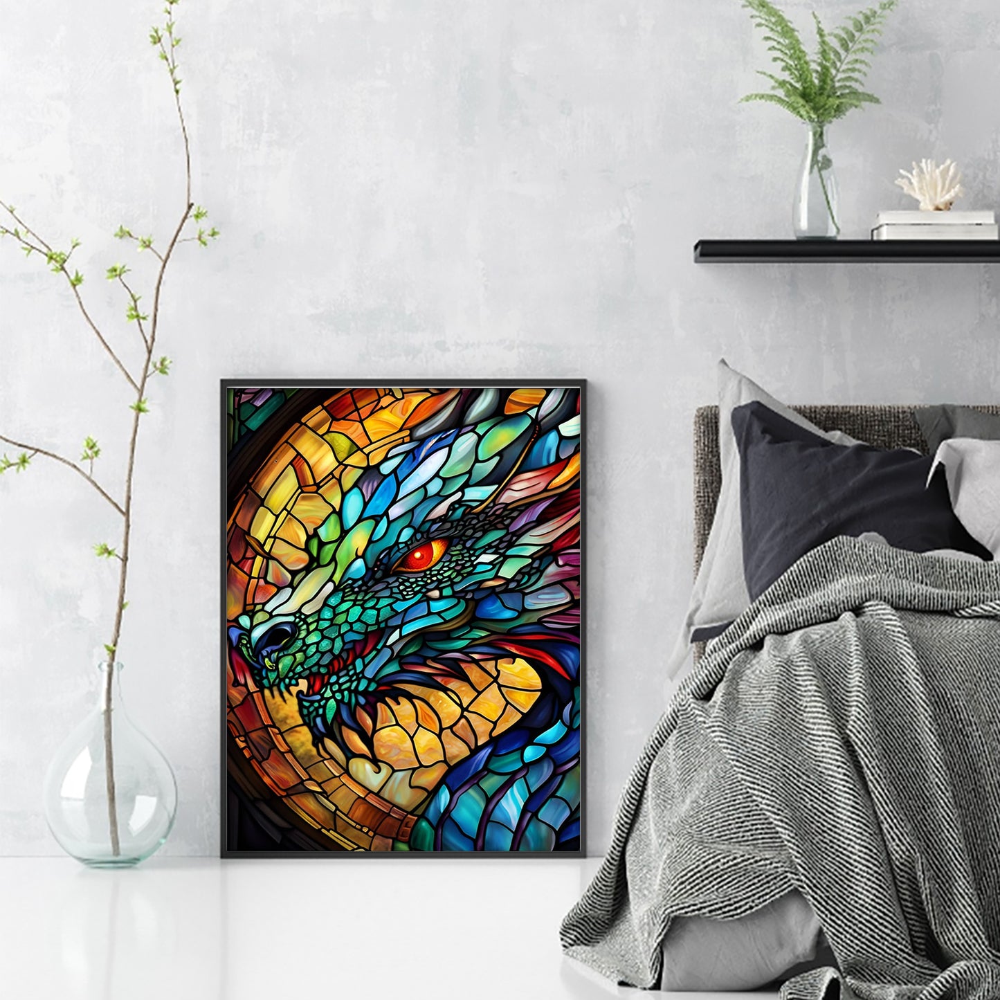 Stained Glass Dragon - Full 11CT Stamped Cross Stitch 40x55CM - Huacan