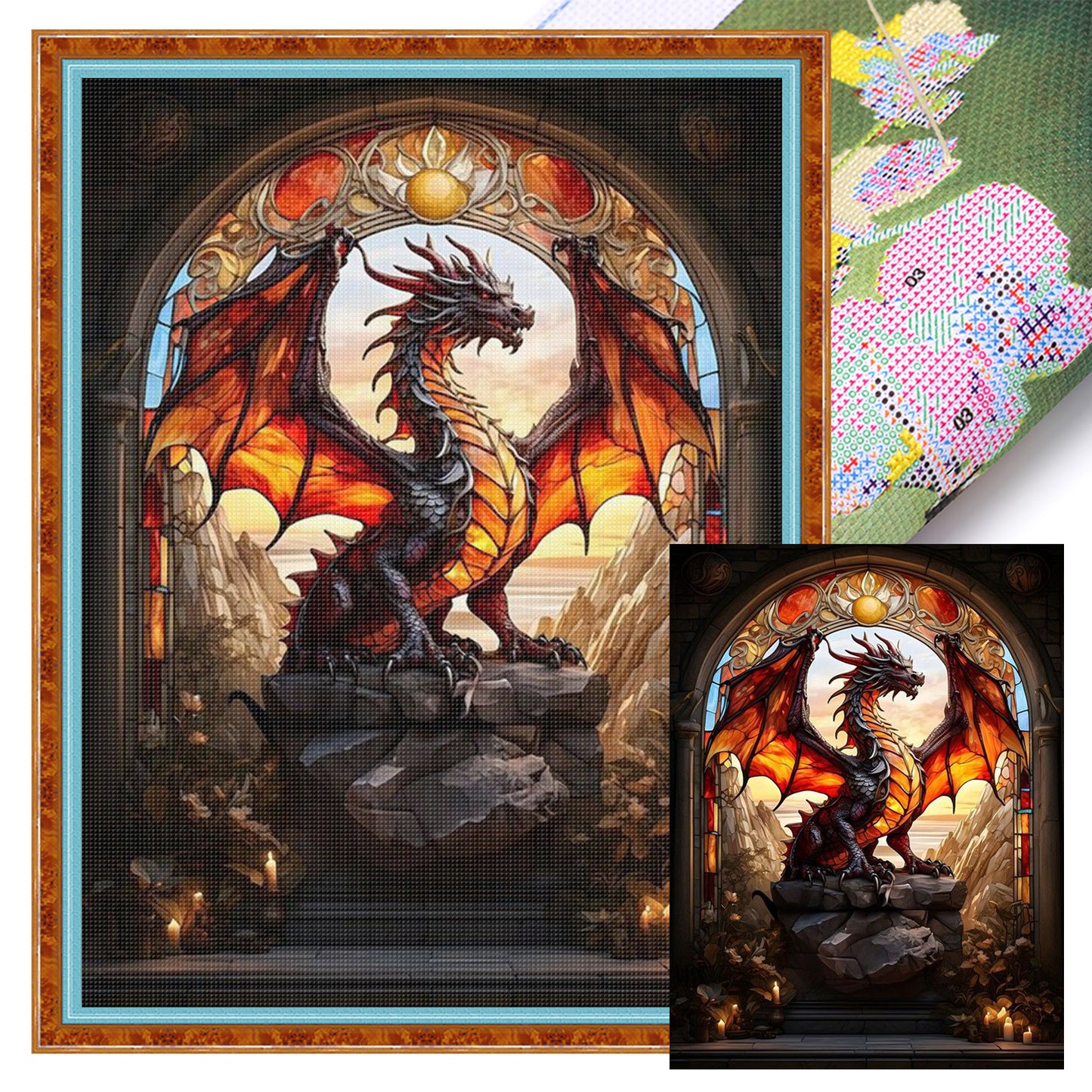 Stained Glass Dragon - Full 11CT Stamped Cross Stitch 40x55CM - Huacan