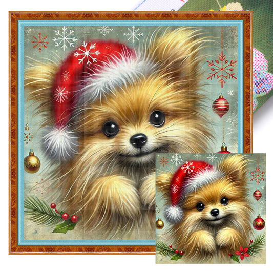 Christmas Pomeranian-Dog - Full 11CT Stamped Cross Stitch 40x40CM - Huacan