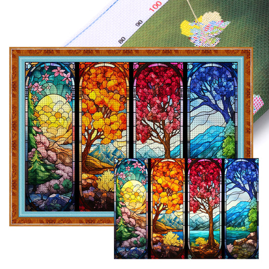 Stained Glass - Four Seasons Scenery - Full 11CT Stamped Cross Stitch 80x60CM - Huacan
