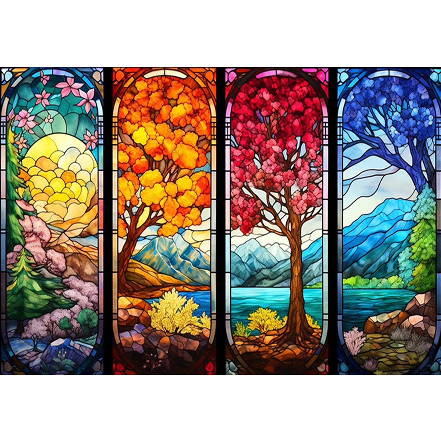 Stained Glass - Four Seasons Scenery - Full 11CT Stamped Cross Stitch 80x60CM - Huacan