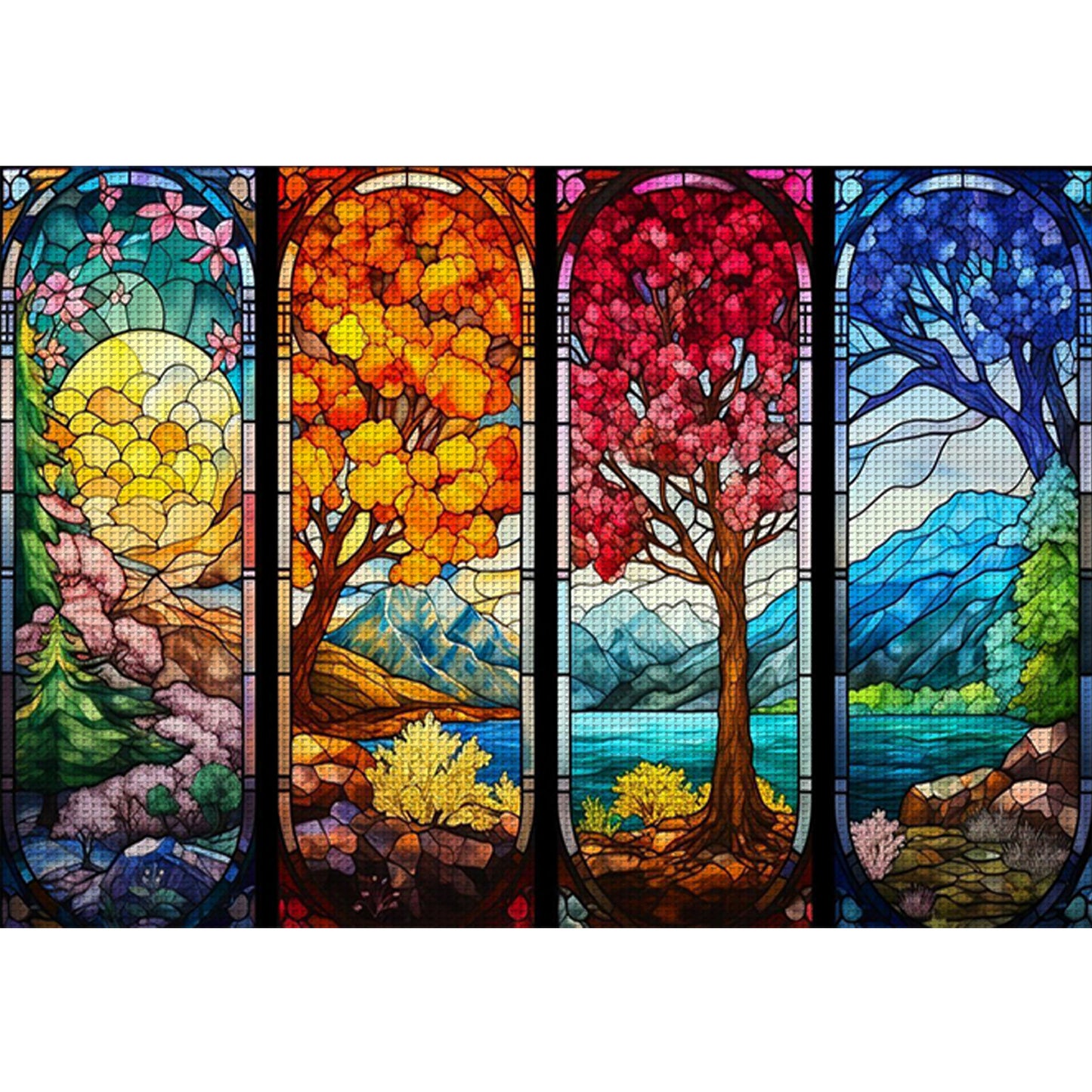 Stained Glass - Four Seasons Scenery - Full 11CT Stamped Cross Stitch 80x60CM - Huacan