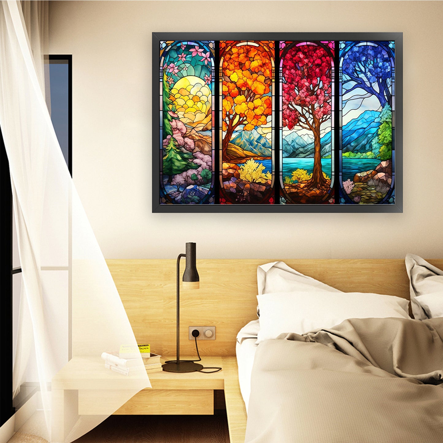 Stained Glass - Four Seasons Scenery - Full 11CT Stamped Cross Stitch 80x60CM - Huacan