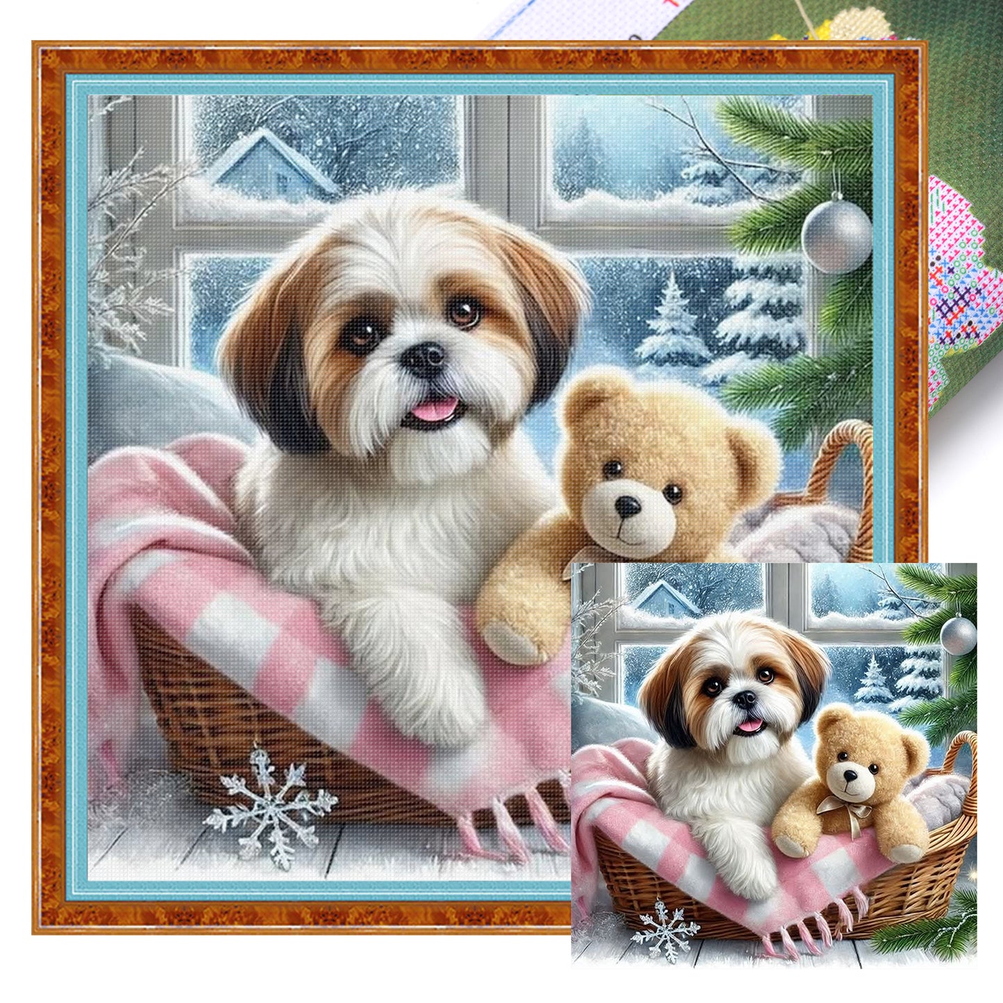 Shih Tzu And Bear - Full 11CT Stamped Cross Stitch 45x45CM - Yishu