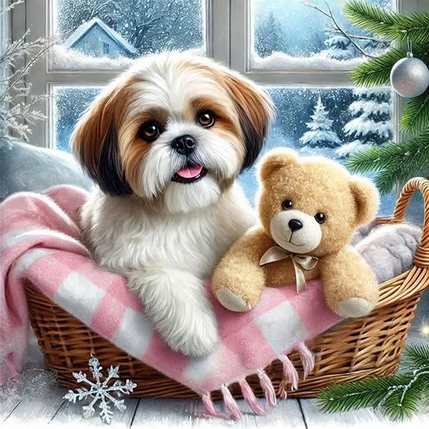 Shih Tzu And Bear - Full 11CT Stamped Cross Stitch 45x45CM - Yishu