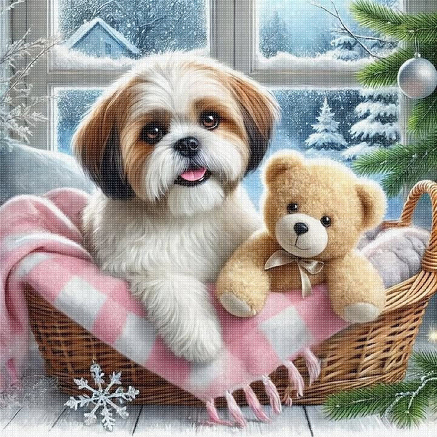 Shih Tzu And Bear - Full 11CT Stamped Cross Stitch 45x45CM - Yishu