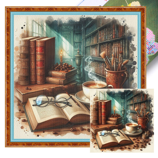 Desk And Books - Full 11CT Stamped Cross Stitch 45x45CM - Yishu