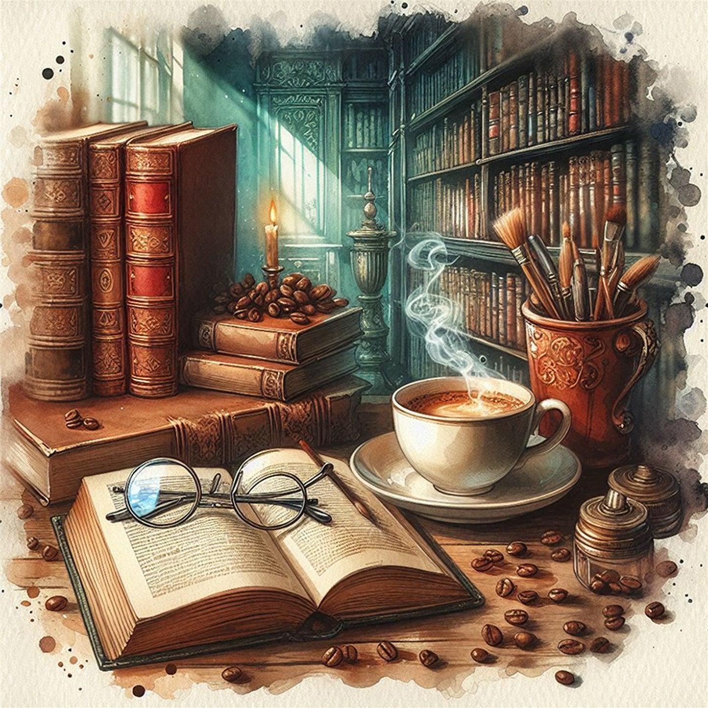 Desk And Books - Full 11CT Stamped Cross Stitch 45x45CM - Yishu