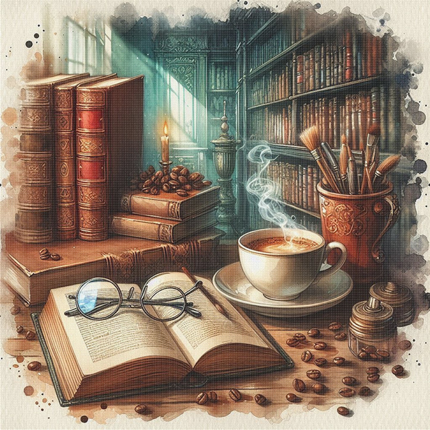 Desk And Books - Full 11CT Stamped Cross Stitch 45x45CM - Yishu