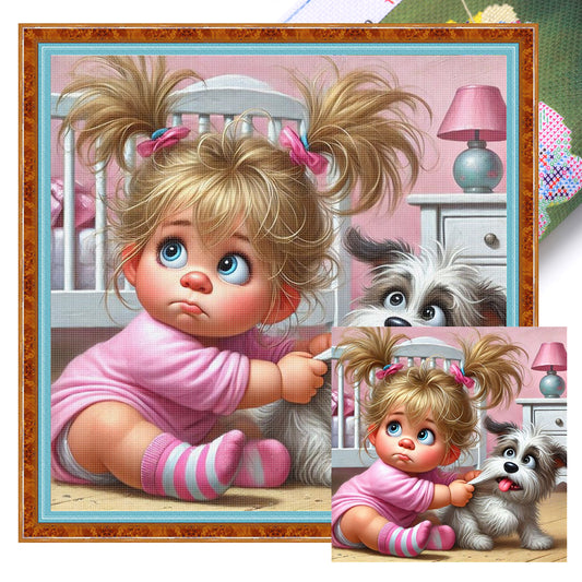 Girl And Puppy - Full 11CT Stamped Cross Stitch 45x45CM - Yishu