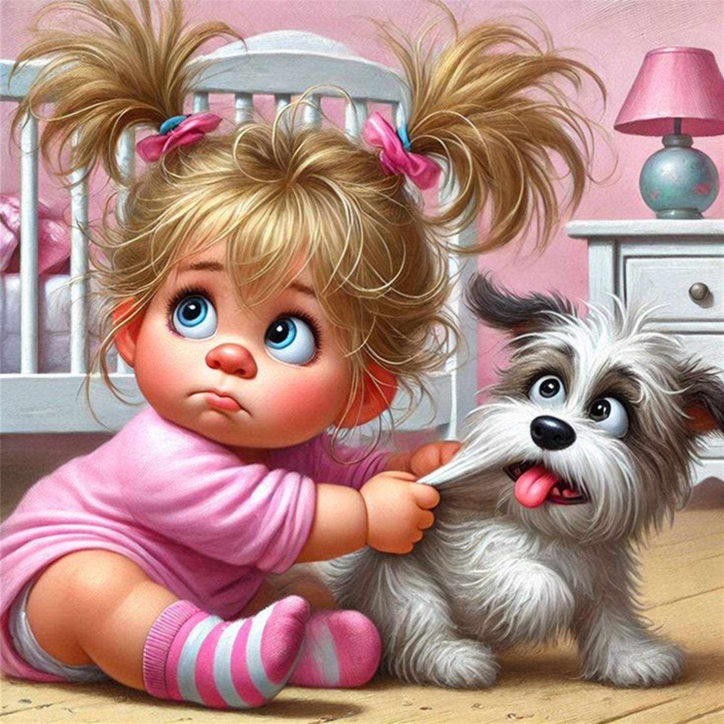 Girl And Puppy - Full 11CT Stamped Cross Stitch 45x45CM - Yishu