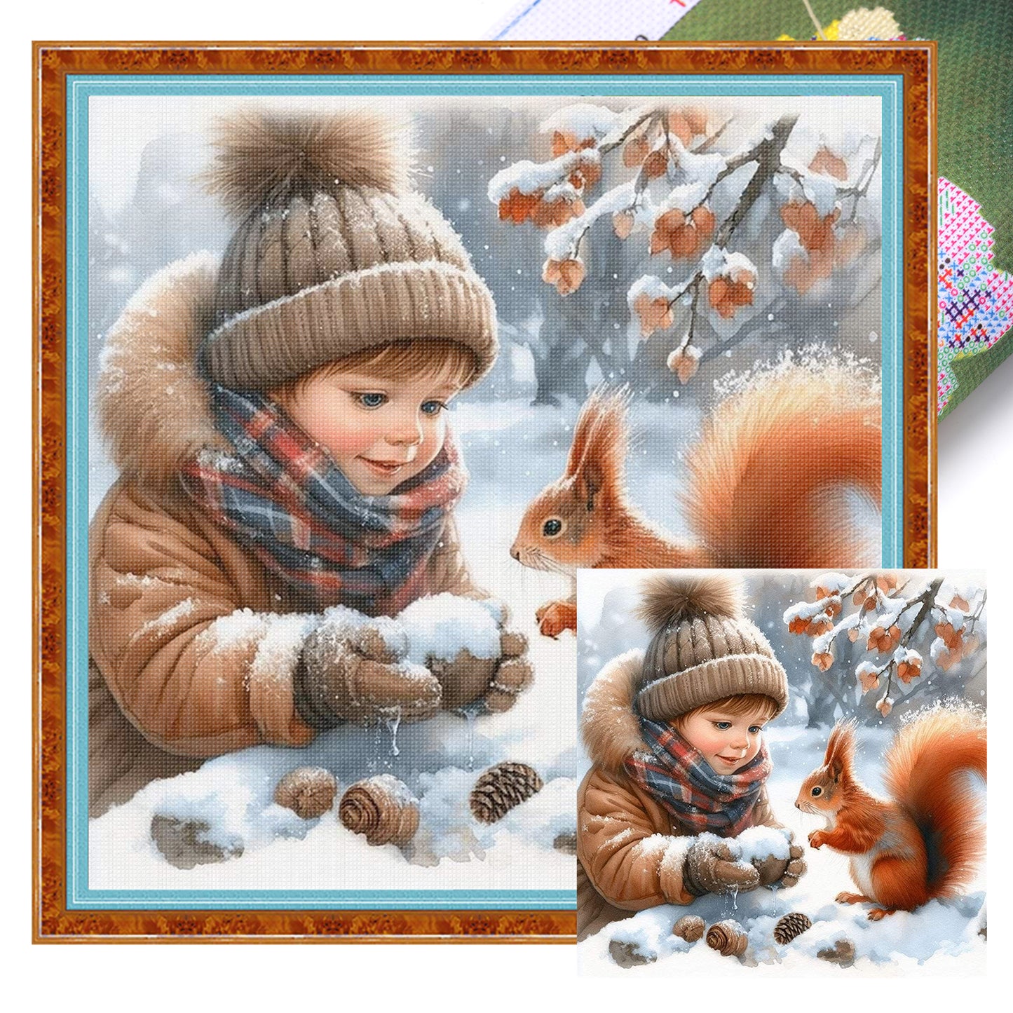 Boy And Squirrel - Full 11CT Stamped Cross Stitch 45x45CM - Yishu