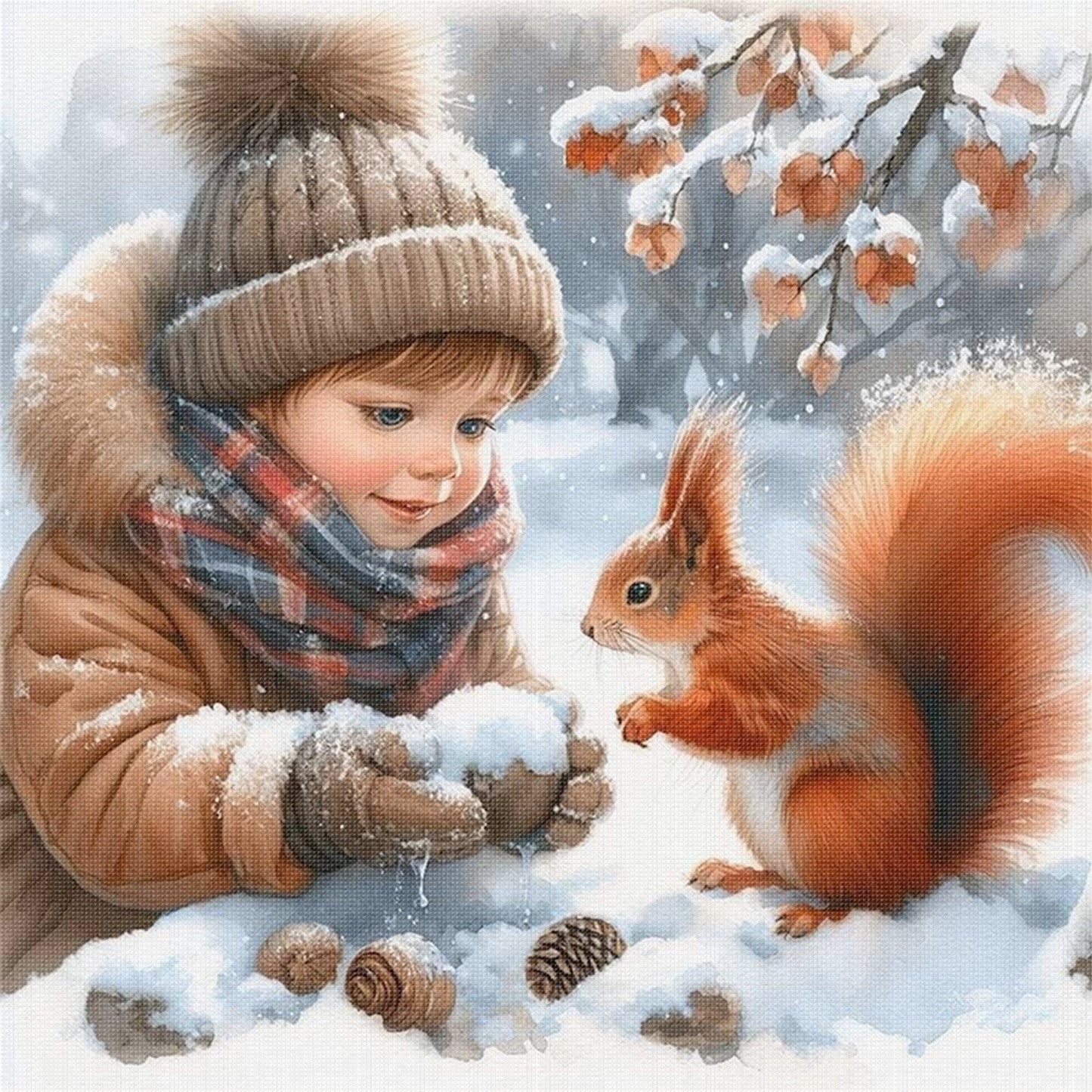 Boy And Squirrel - Full 11CT Stamped Cross Stitch 45x45CM - Yishu