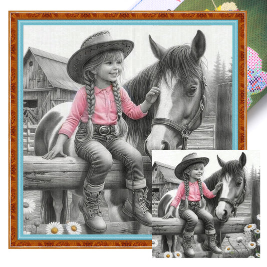Girl And Horse - Full 11CT Stamped Cross Stitch 45x45CM - Yishu
