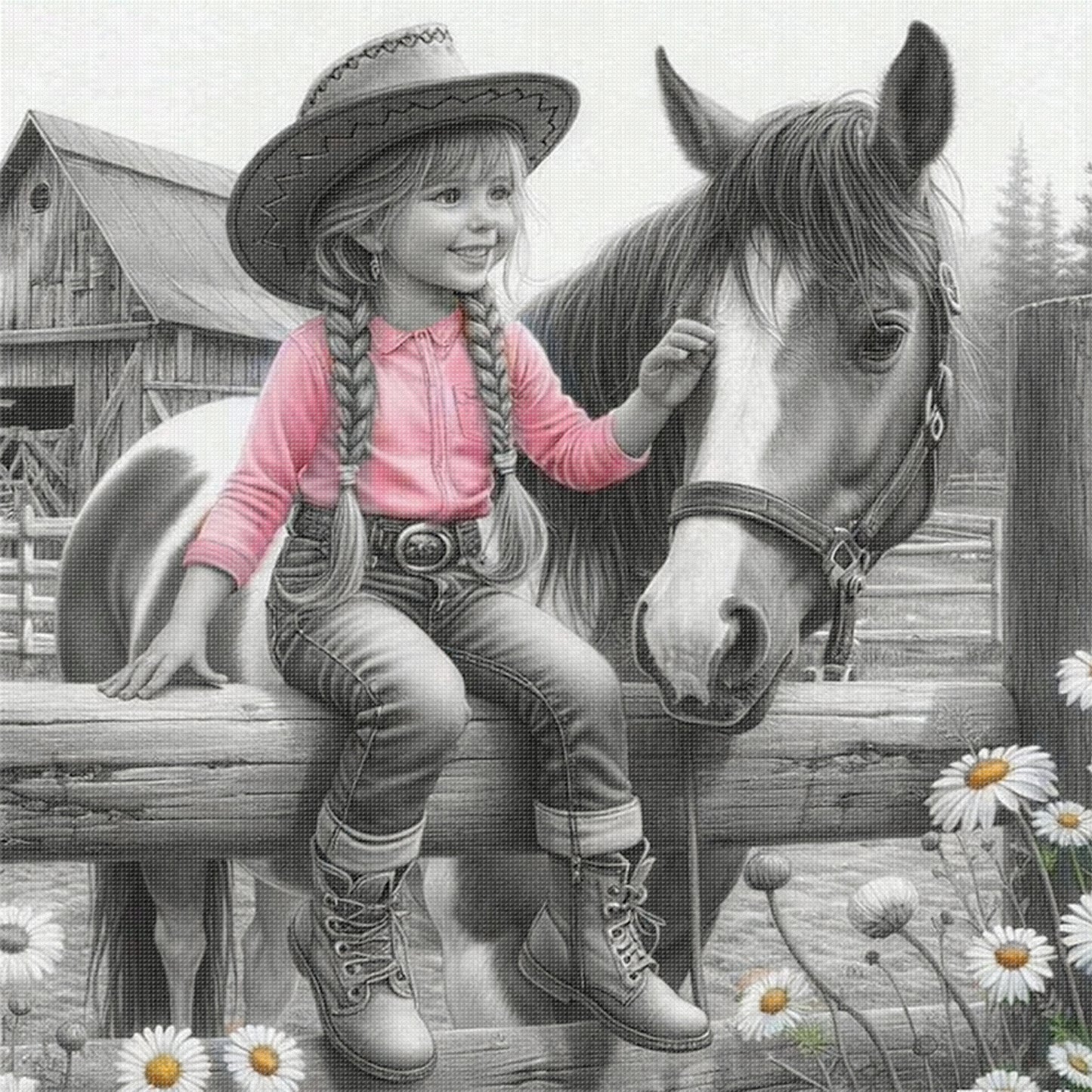 Girl And Horse - Full 11CT Stamped Cross Stitch 45x45CM - Yishu