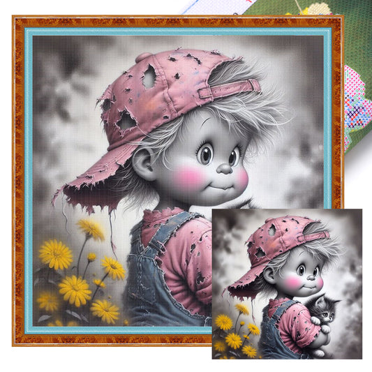Boy And Cat - Full 11CT Stamped Cross Stitch 45x45CM - Yishu