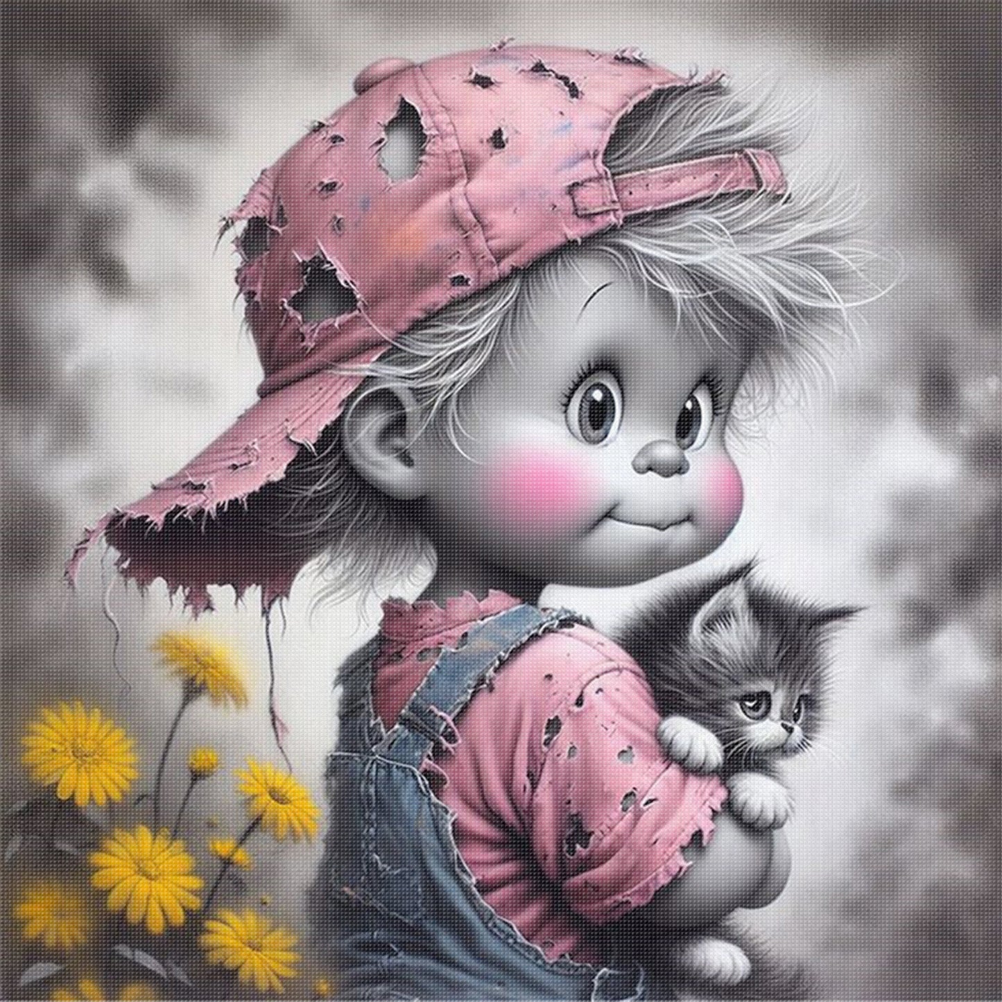 Boy And Cat - Full 11CT Stamped Cross Stitch 45x45CM - Yishu