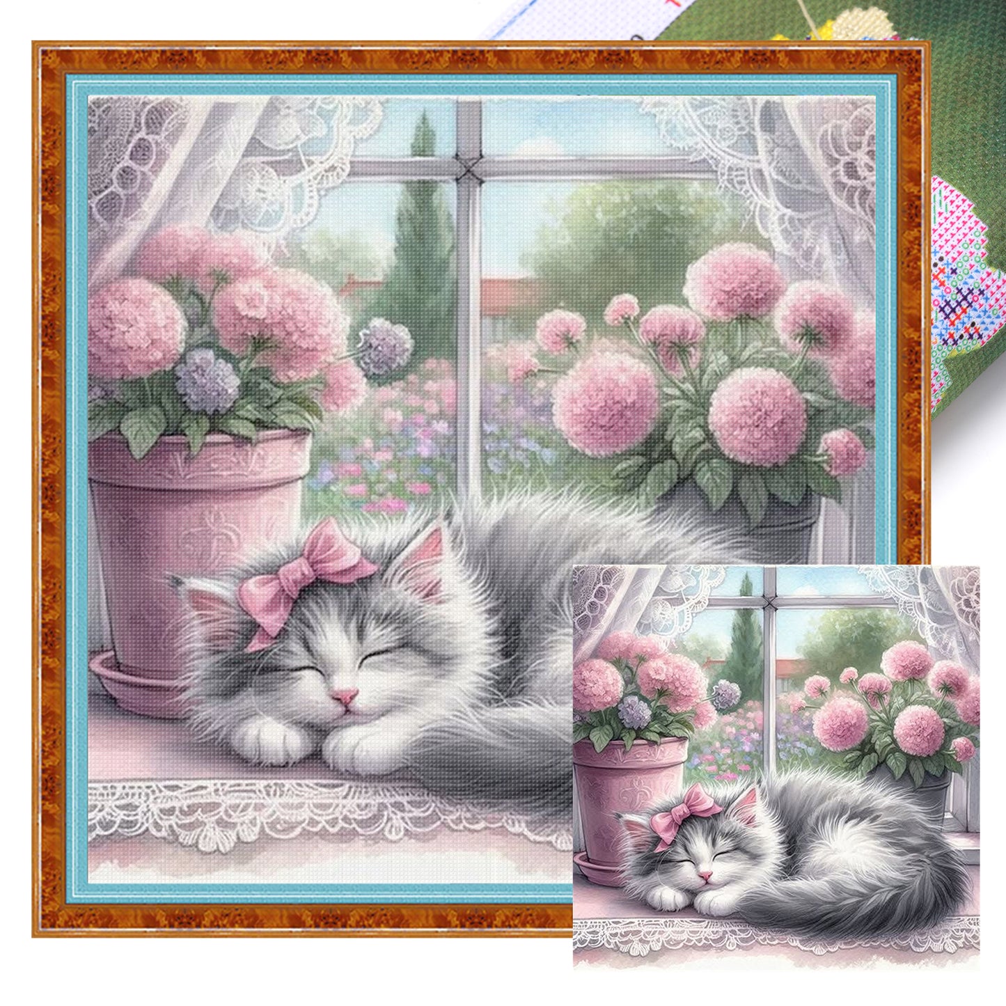 Hydrangea Kitten - Full 11CT Stamped Cross Stitch 40x40CM - Yishu