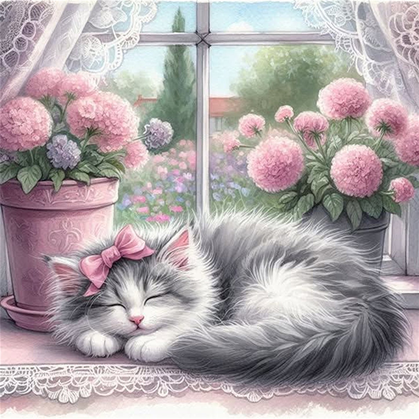Hydrangea Kitten - Full 11CT Stamped Cross Stitch 40x40CM - Yishu