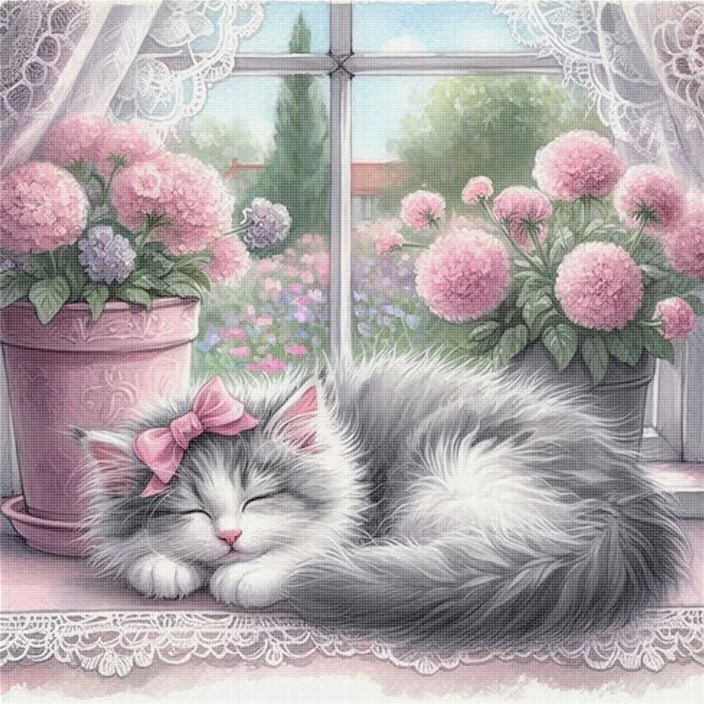 Hydrangea Kitten - Full 11CT Stamped Cross Stitch 40x40CM - Yishu