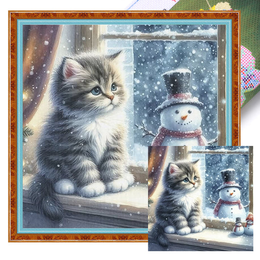 Kitten And Snowman - Full 11CT Stamped Cross Stitch 40x40CM - Yishu