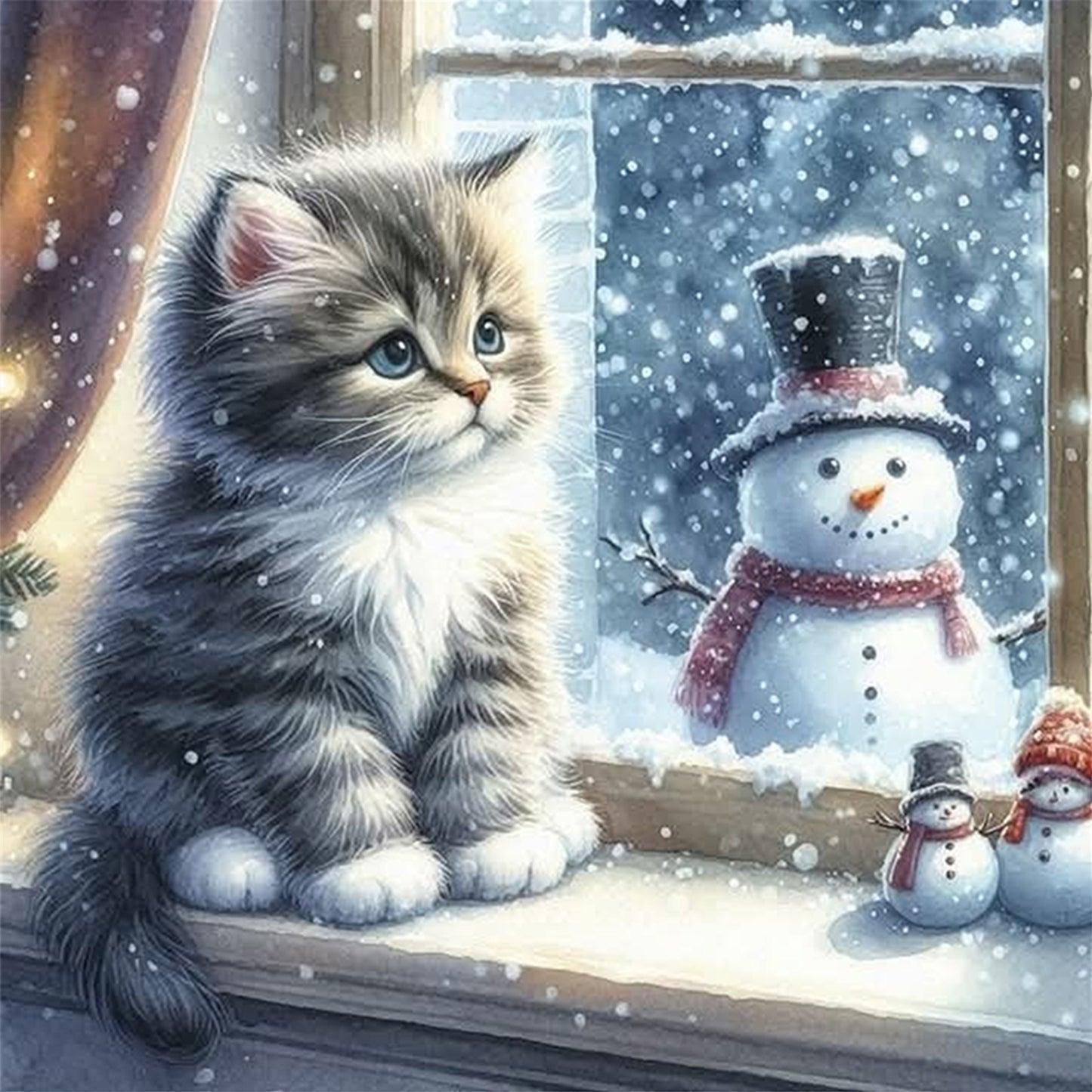 Kitten And Snowman - Full 11CT Stamped Cross Stitch 40x40CM - Yishu