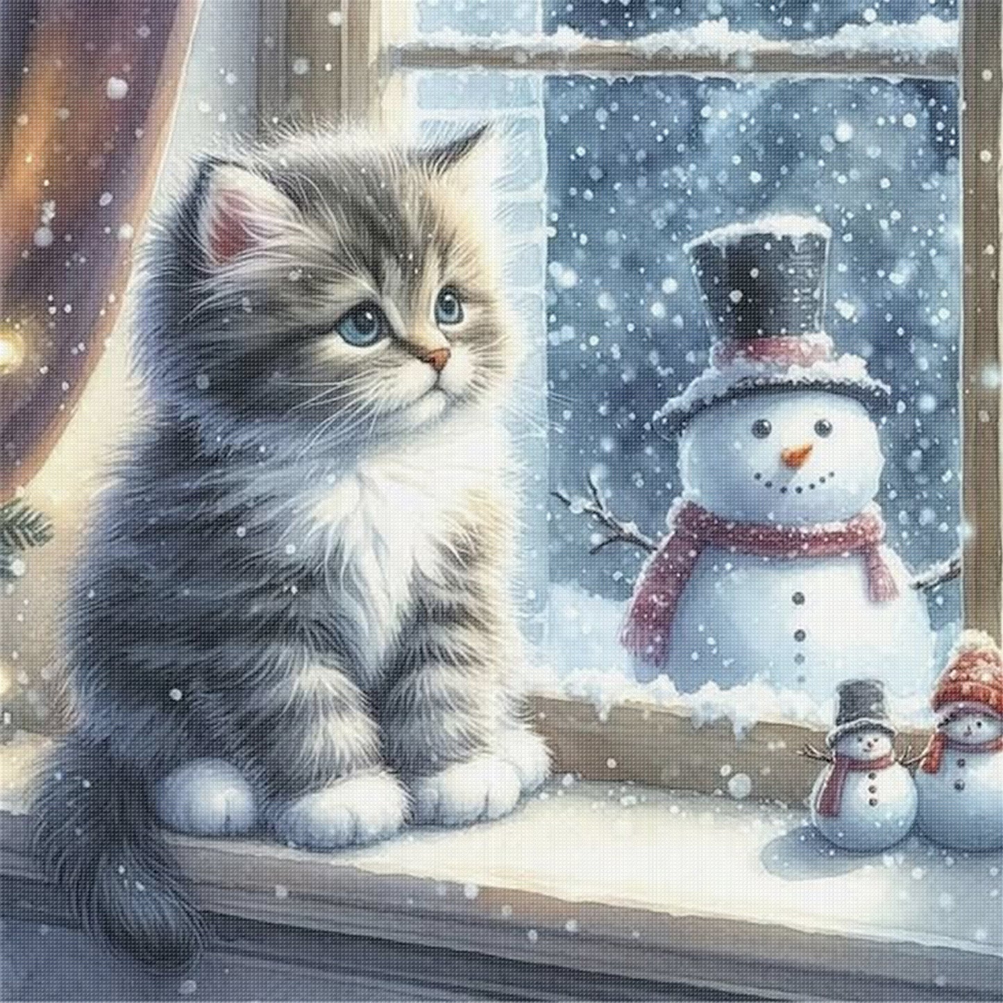 Kitten And Snowman - Full 11CT Stamped Cross Stitch 40x40CM - Yishu