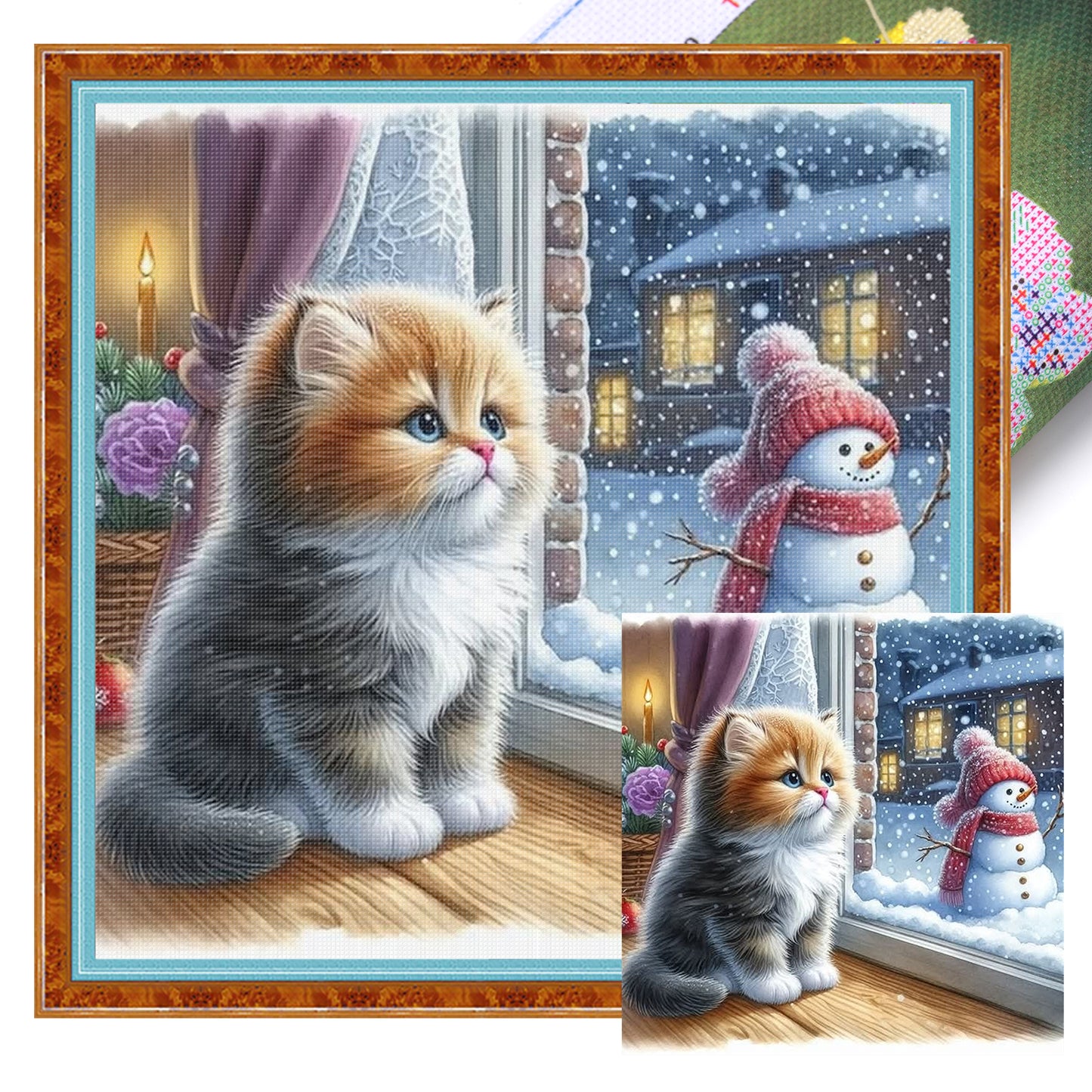 Kitten And Snowman - Full 11CT Stamped Cross Stitch 40x40CM - Yishu