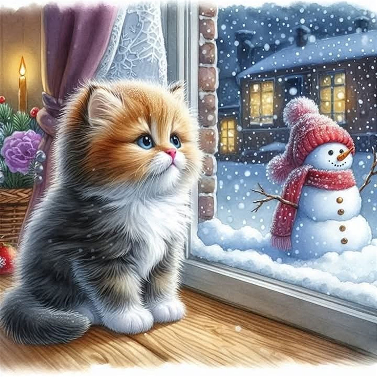Kitten And Snowman - Full 11CT Stamped Cross Stitch 40x40CM - Yishu