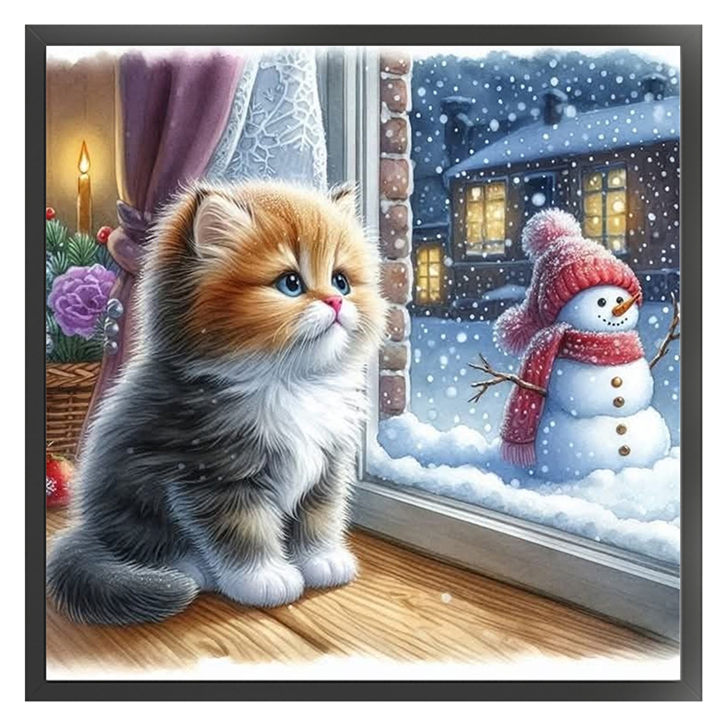 Kitten And Snowman - Full 11CT Stamped Cross Stitch 40x40CM - Yishu