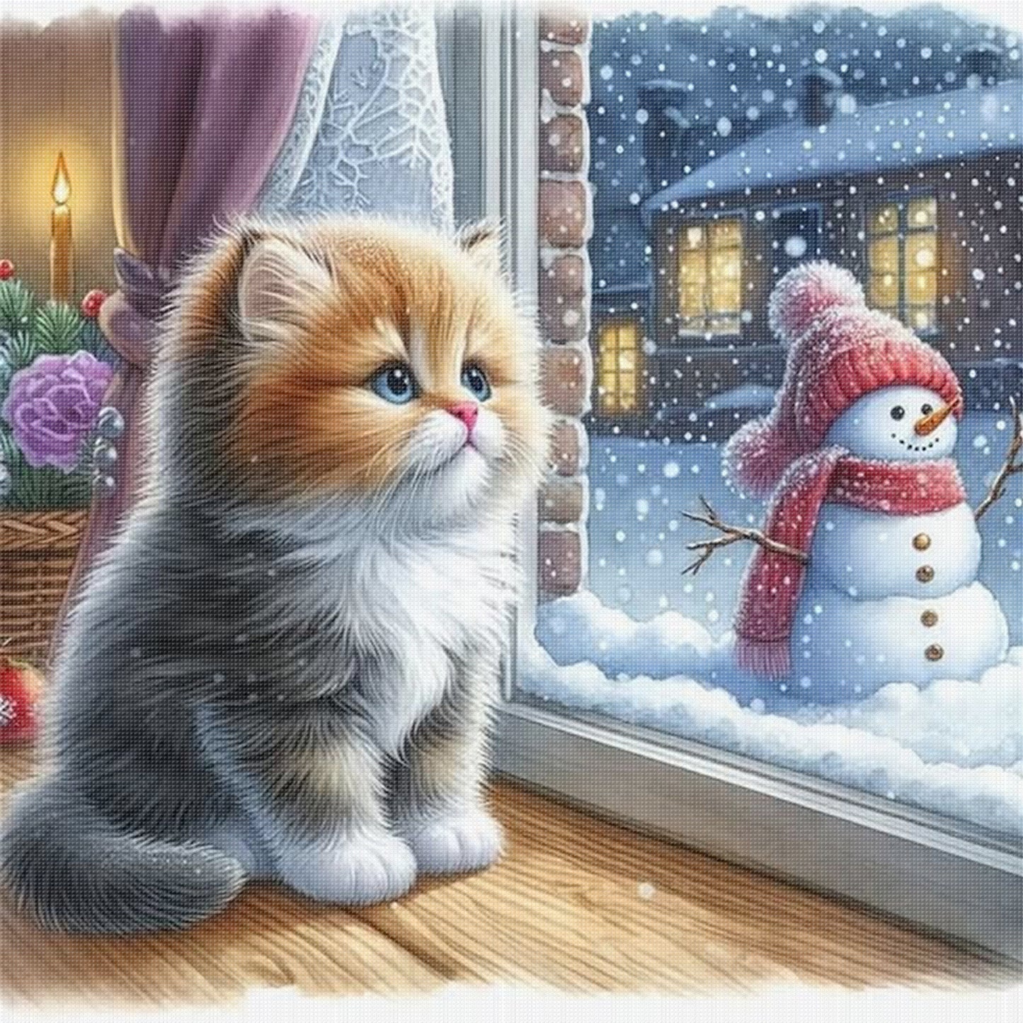 Kitten And Snowman - Full 11CT Stamped Cross Stitch 40x40CM - Yishu