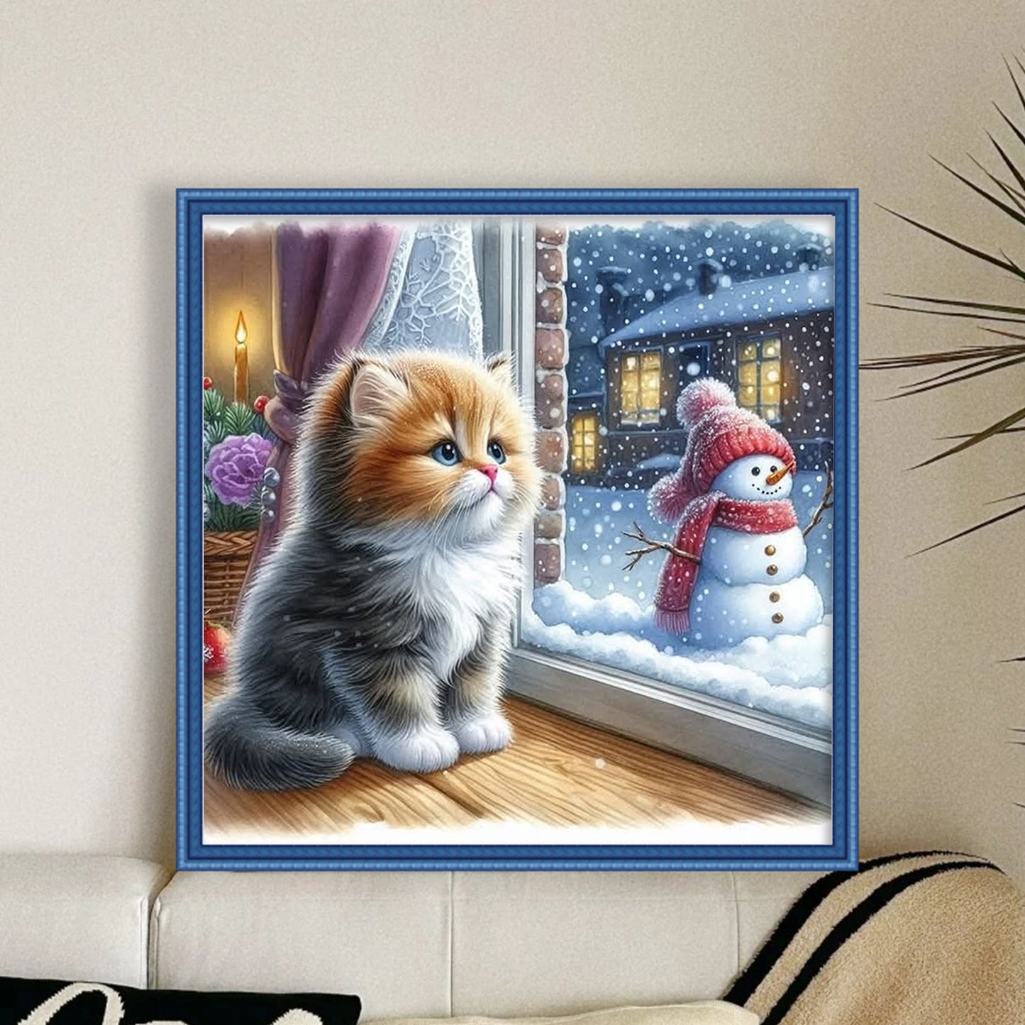 Kitten And Snowman - Full 11CT Stamped Cross Stitch 40x40CM - Yishu