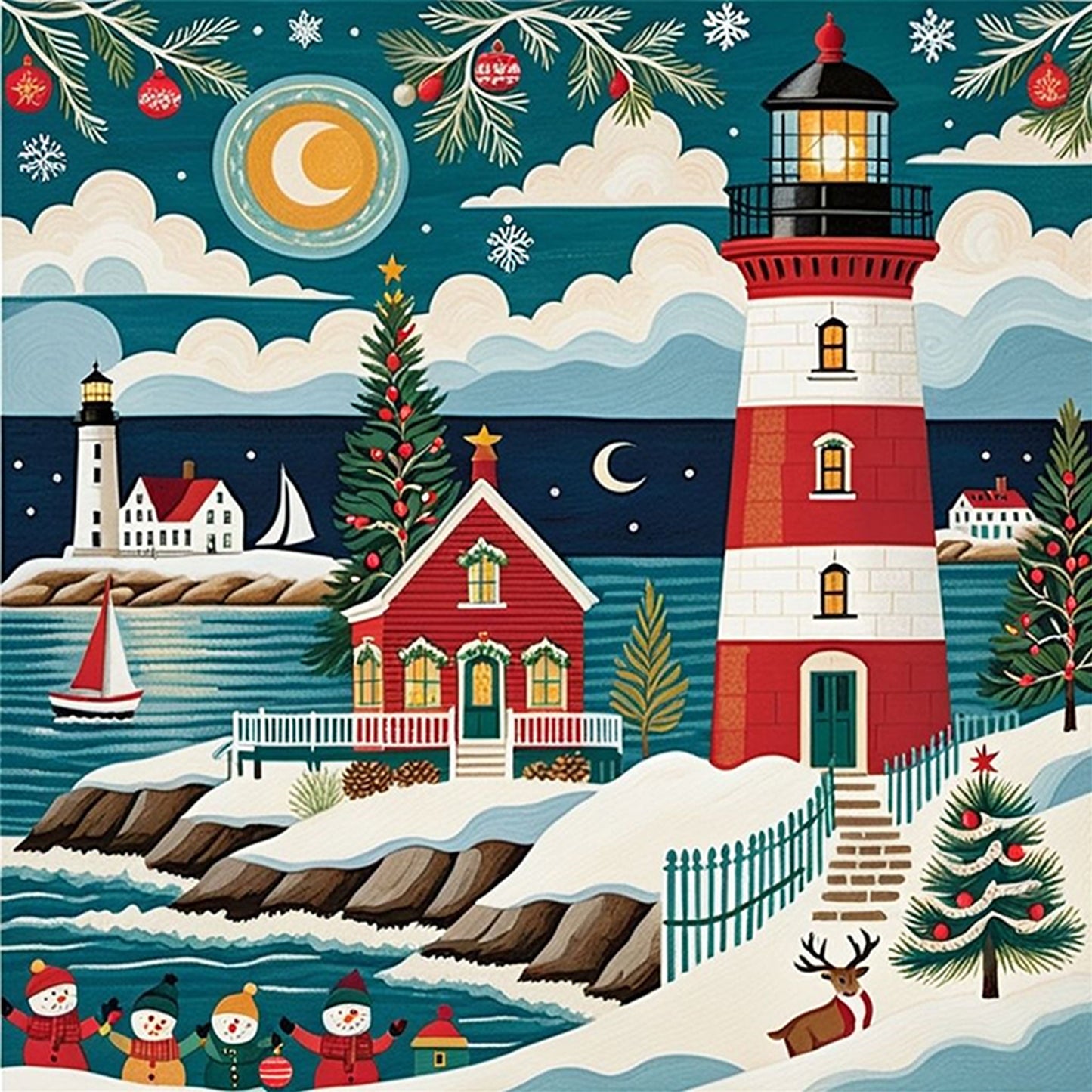 Christmas Lighthouse - Full 11CT Stamped Cross Stitch 45x45CM - Yishu