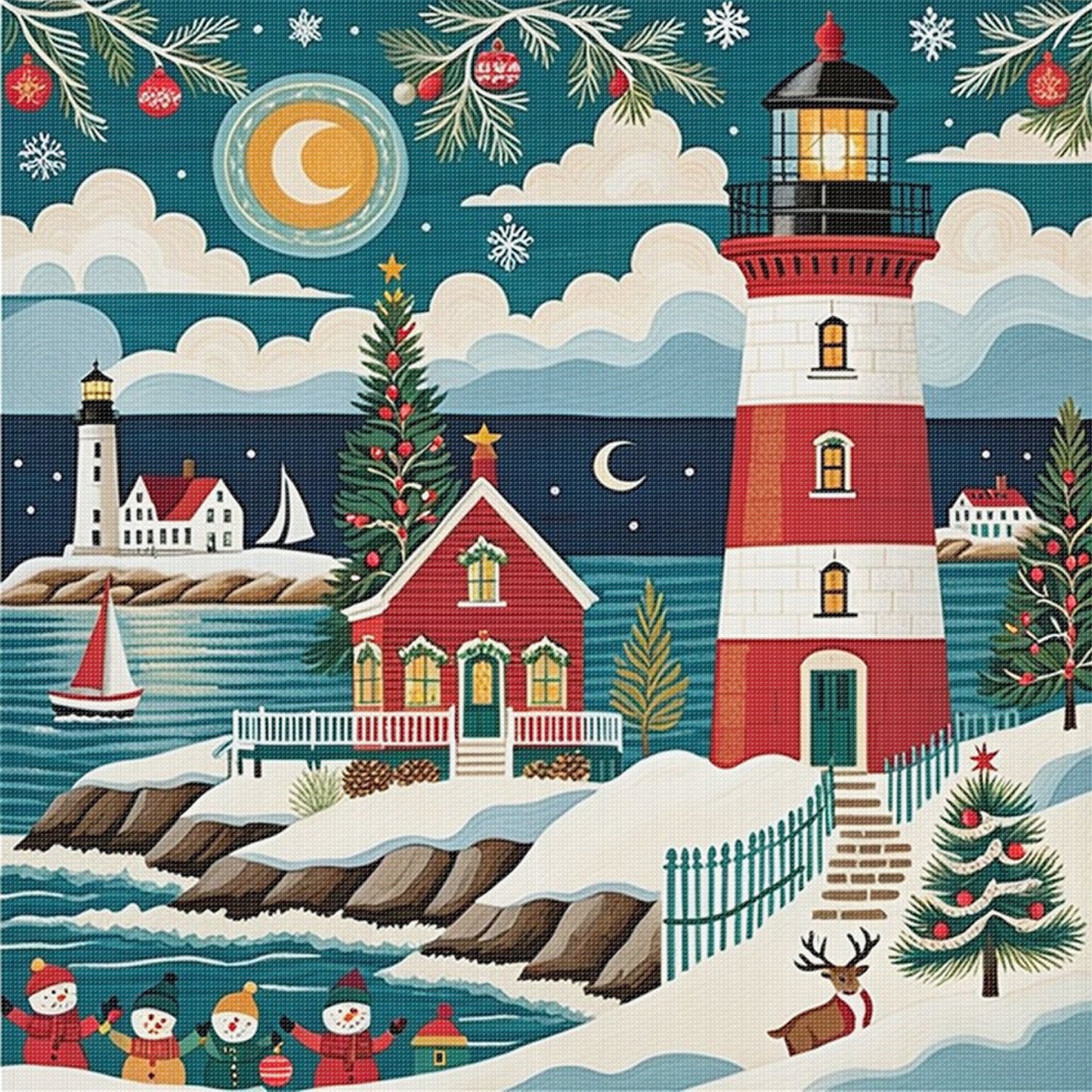 Christmas Lighthouse - Full 11CT Stamped Cross Stitch 45x45CM - Yishu