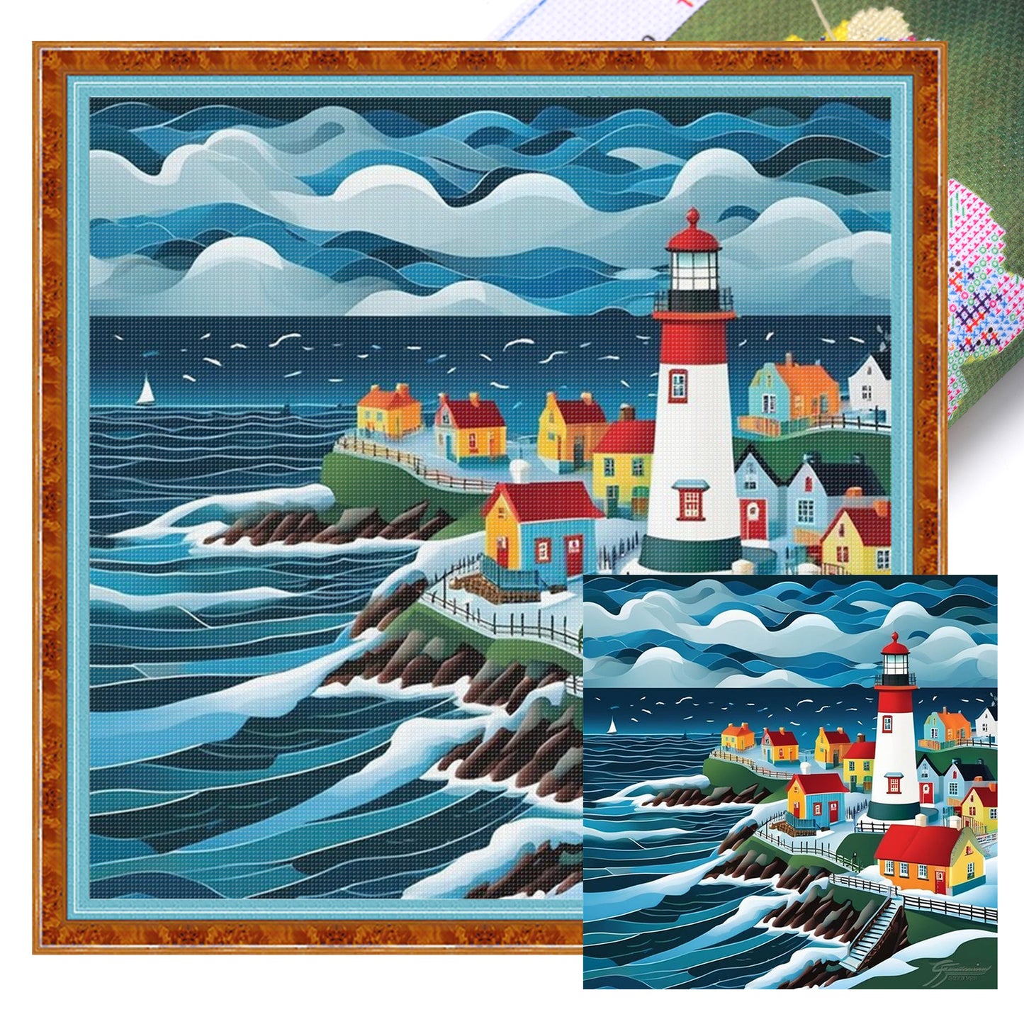 Lighthouse Town - Full 11CT Stamped Cross Stitch 45x45CM - Yishu