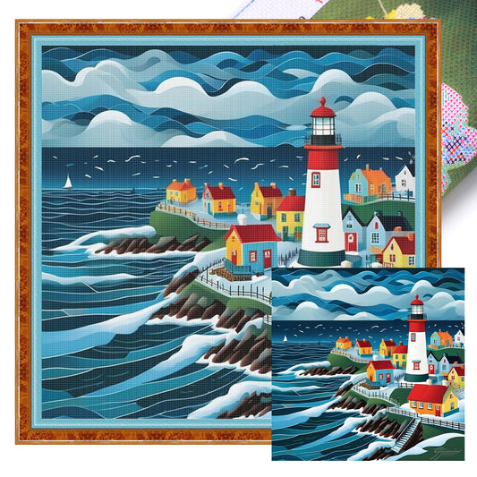 Lighthouse Town - Full 11CT Stamped Cross Stitch 45x45CM - Yishu