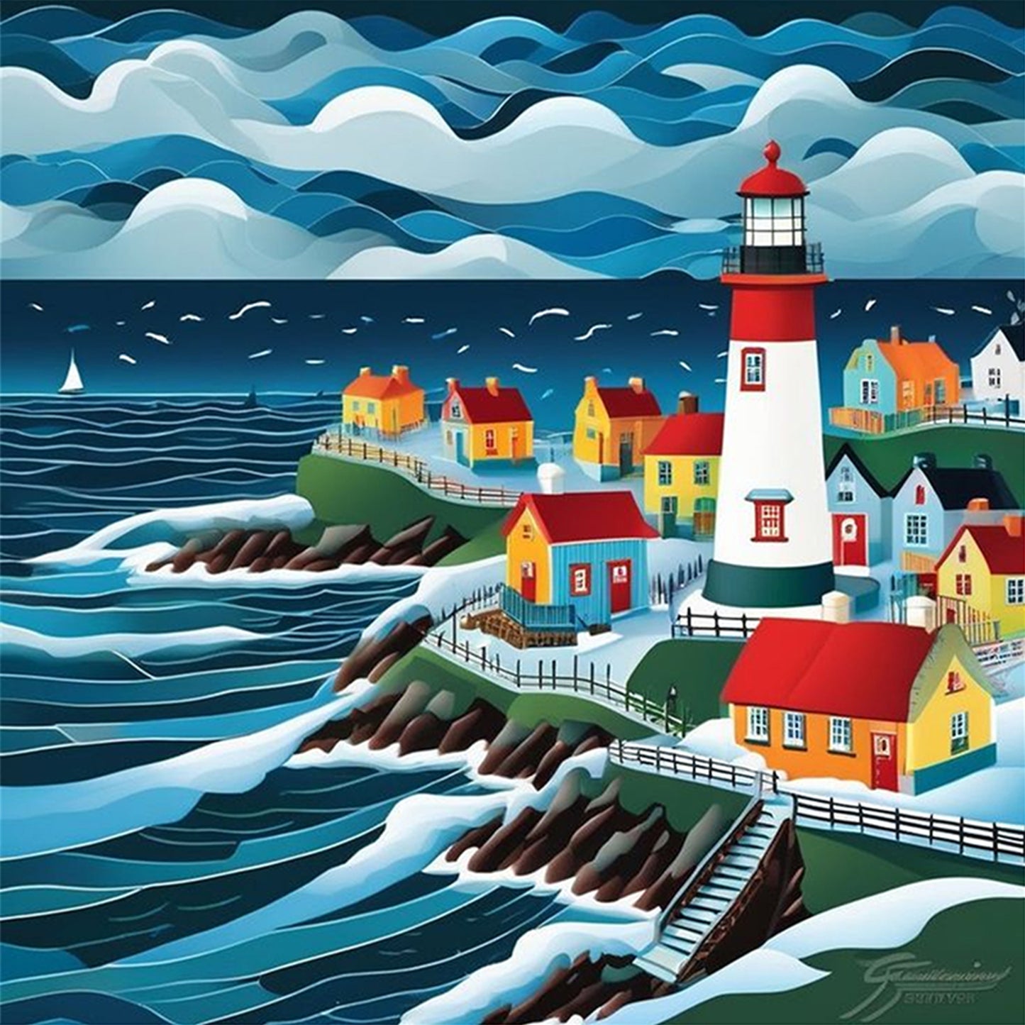 Lighthouse Town - Full 11CT Stamped Cross Stitch 45x45CM - Yishu