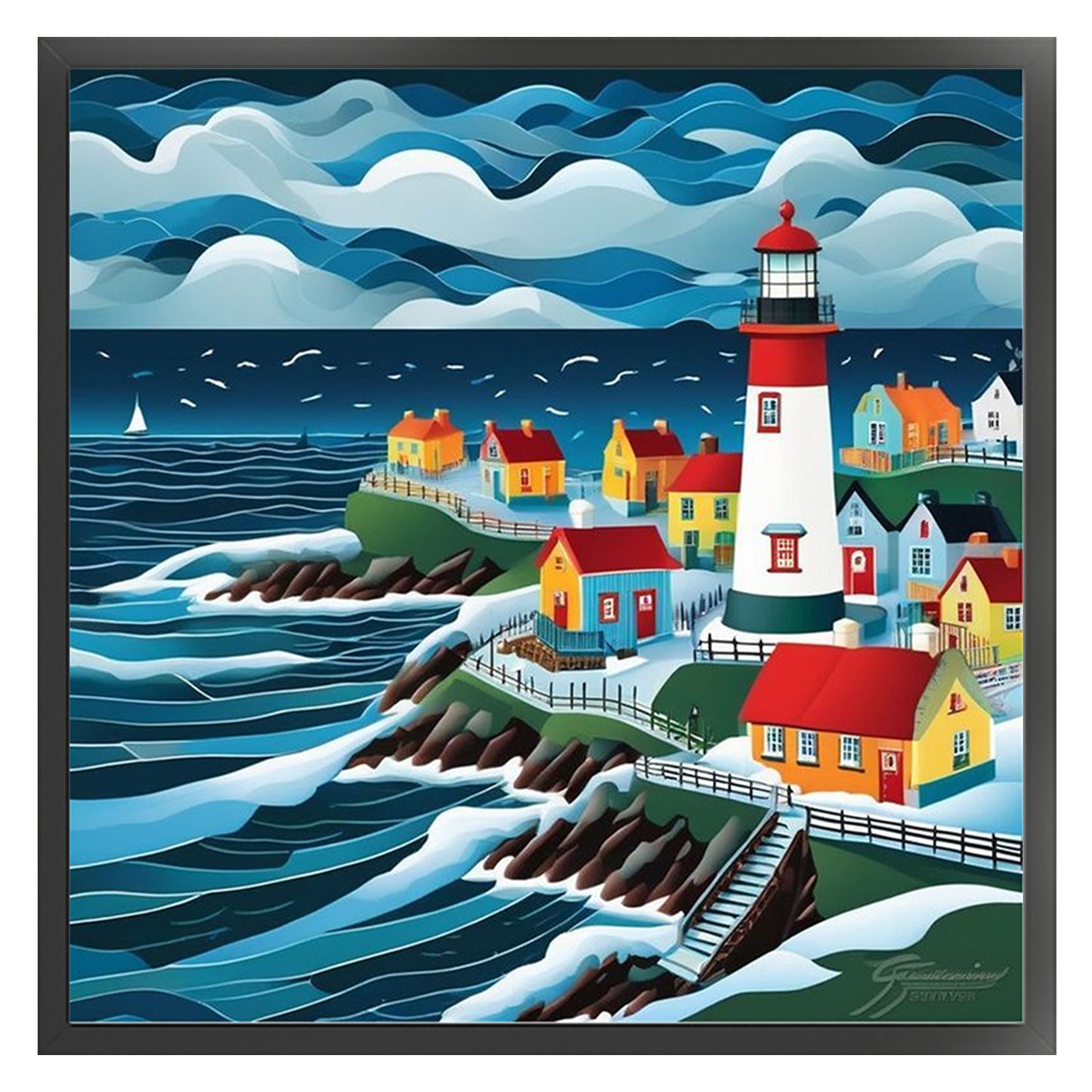 Lighthouse Town - Full 11CT Stamped Cross Stitch 45x45CM - Yishu
