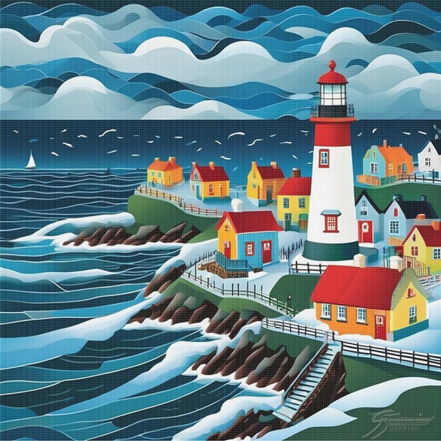 Lighthouse Town - Full 11CT Stamped Cross Stitch 45x45CM - Yishu