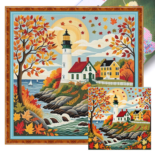 Autumn Lighthouse - Full 11CT Stamped Cross Stitch 45x45CM - Yishu