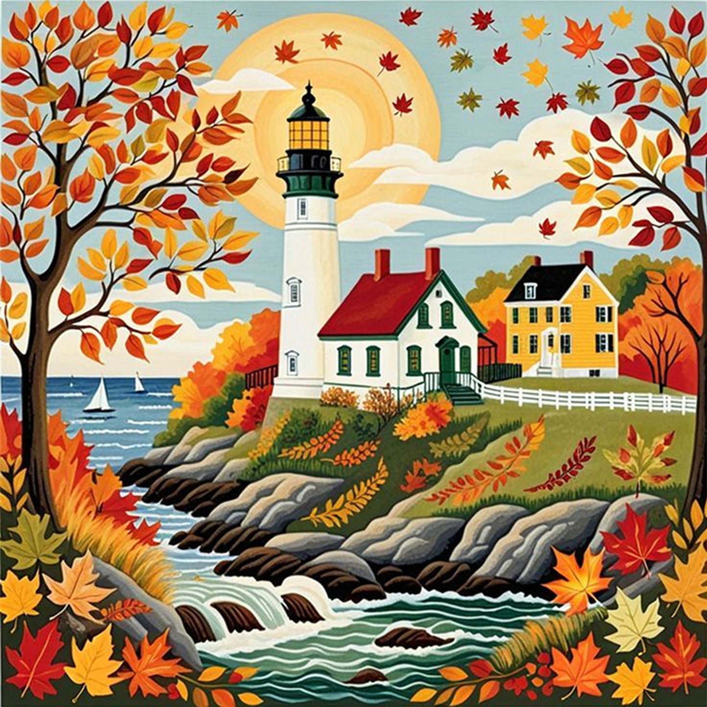 Autumn Lighthouse - Full 11CT Stamped Cross Stitch 45x45CM - Yishu