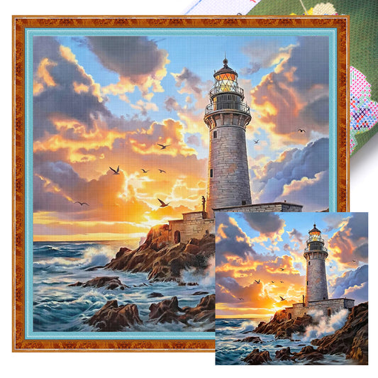 Lighthouse At Sunset - Full 11CT Stamped Cross Stitch 45x45CM - Yishu