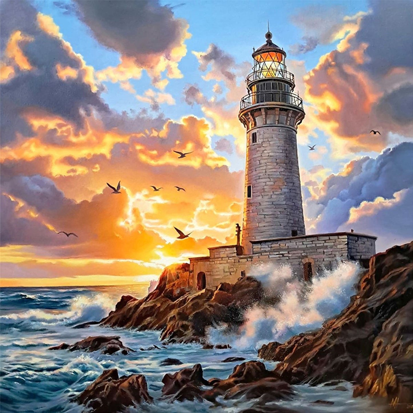 Lighthouse At Sunset - Full 11CT Stamped Cross Stitch 45x45CM - Yishu