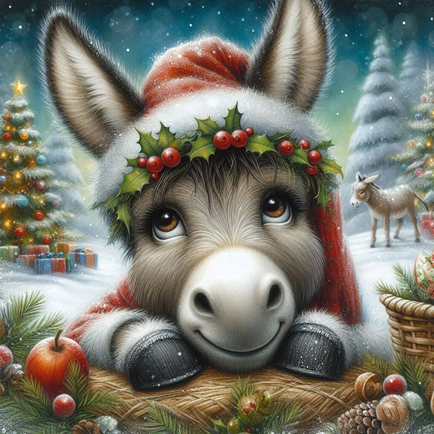 Christmas Donkey - Full 18CT Stamped Cross Stitch 25x25CM - Huacan