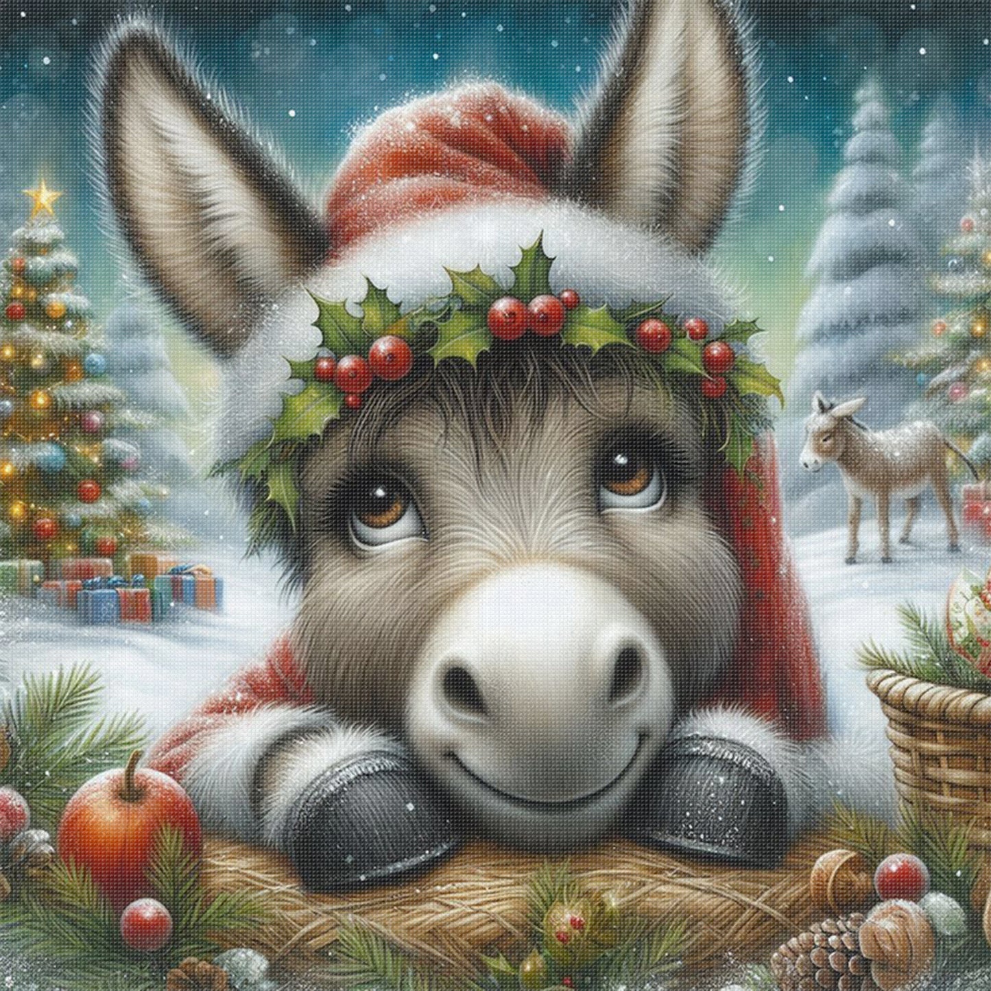 Christmas Donkey - Full 18CT Stamped Cross Stitch 25x25CM - Huacan