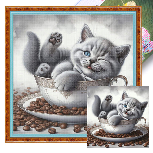 Blue Coffee Cat - Full 18CT Stamped Cross Stitch 25x25CM - Huacan