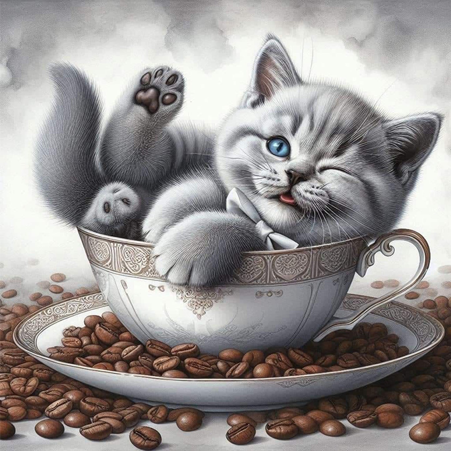 Blue Coffee Cat - Full 18CT Stamped Cross Stitch 25x25CM - Huacan