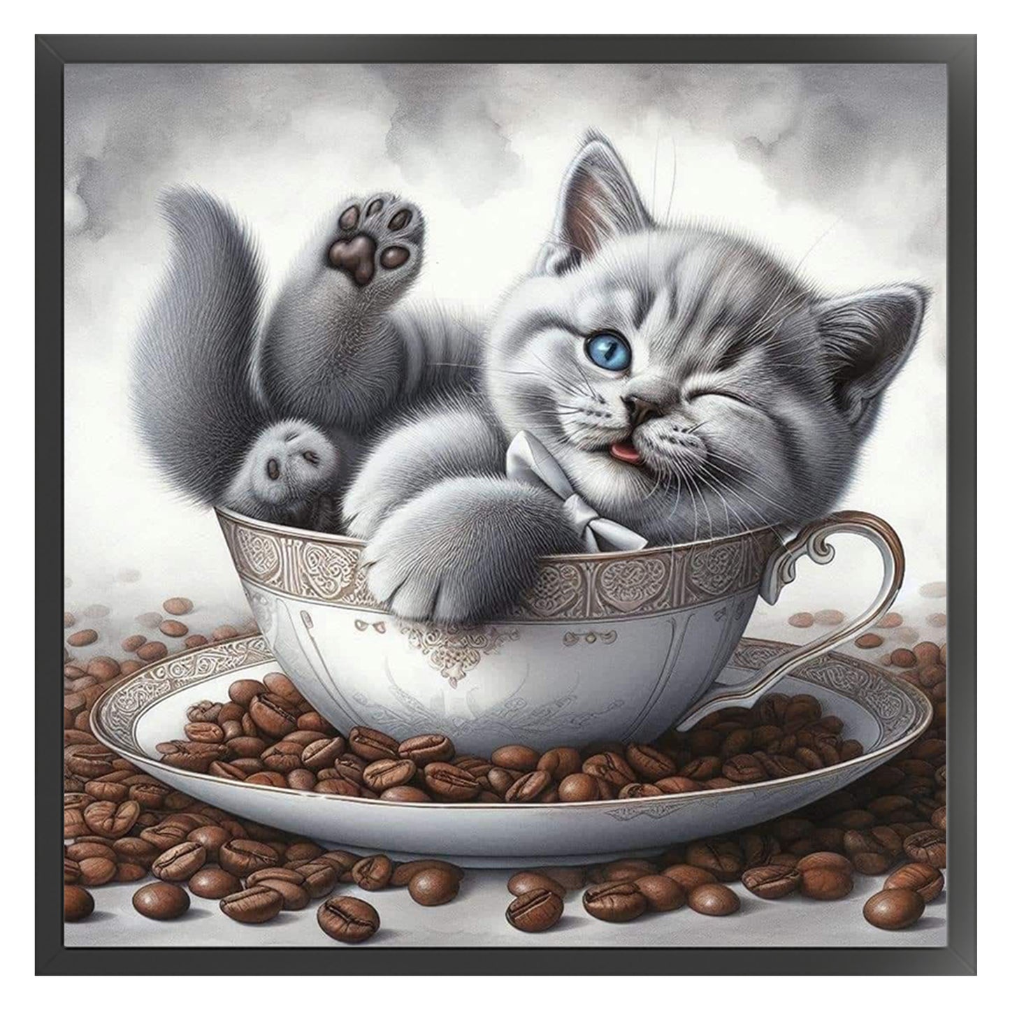 Blue Coffee Cat - Full 18CT Stamped Cross Stitch 25x25CM - Huacan