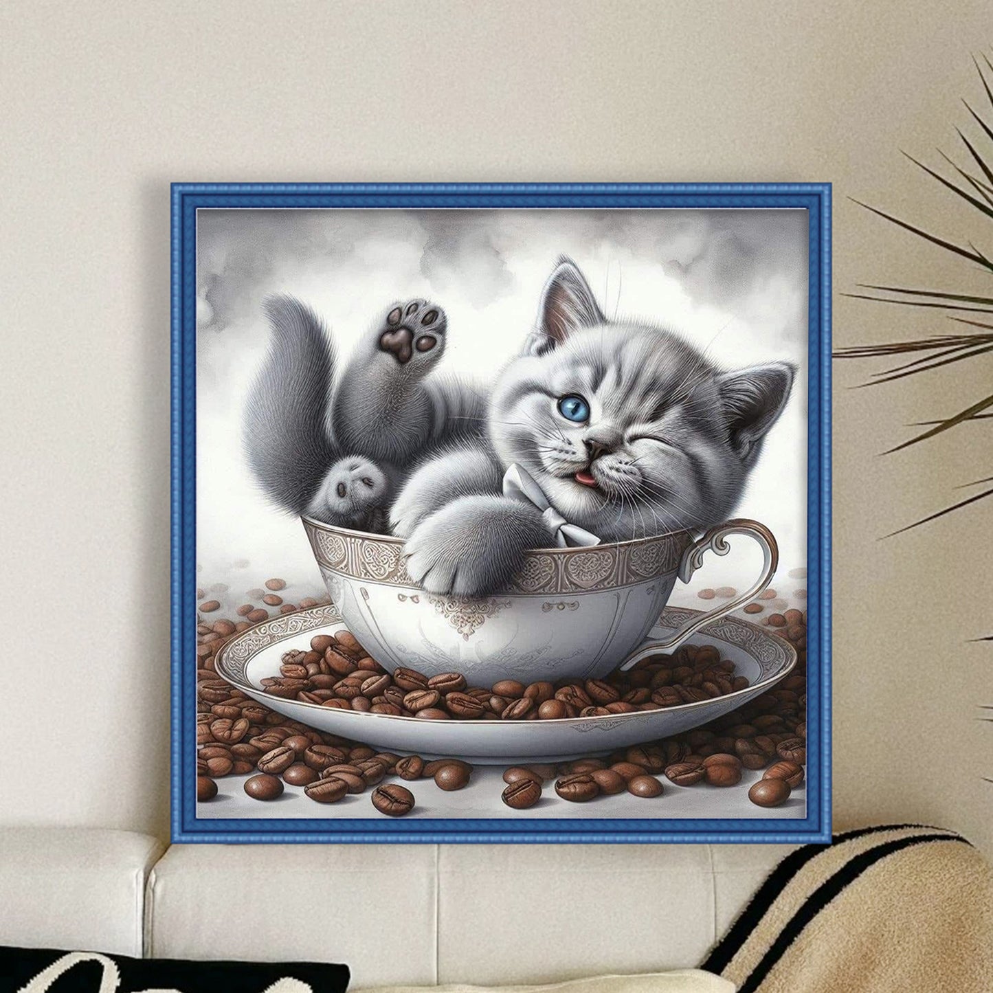 Blue Coffee Cat - Full 18CT Stamped Cross Stitch 25x25CM - Huacan
