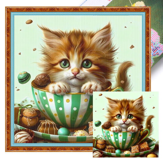 Teacup Cat - Full 18CT Stamped Cross Stitch 25x25CM - Huacan